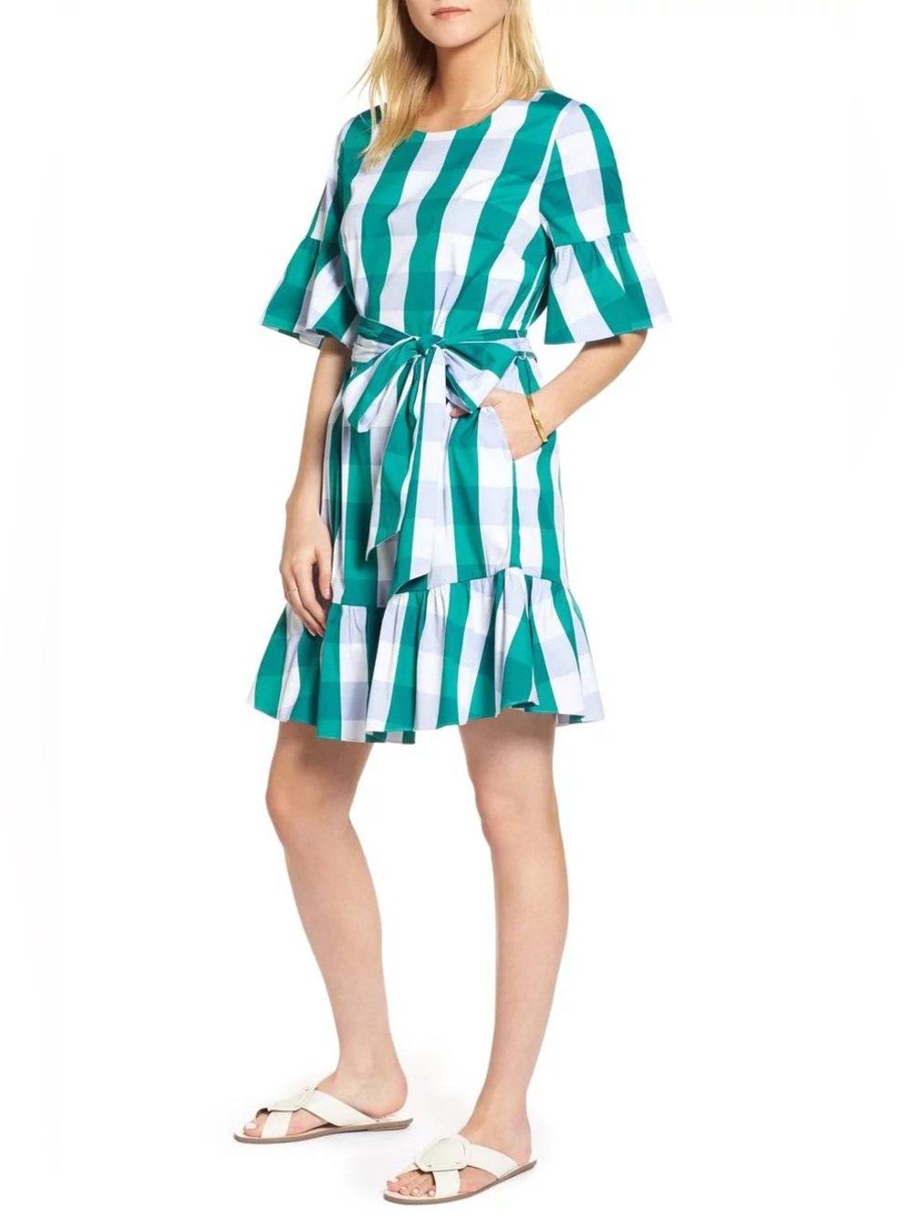 1901 Green White Ruffle Bow Gingham Plaid Tie Waist Short Sleeve Dress Size M